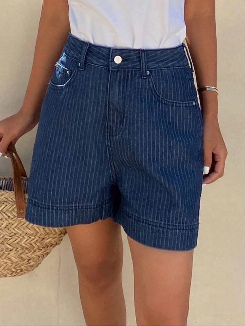 SHEIN Navy Pinstripe Denim Shorts